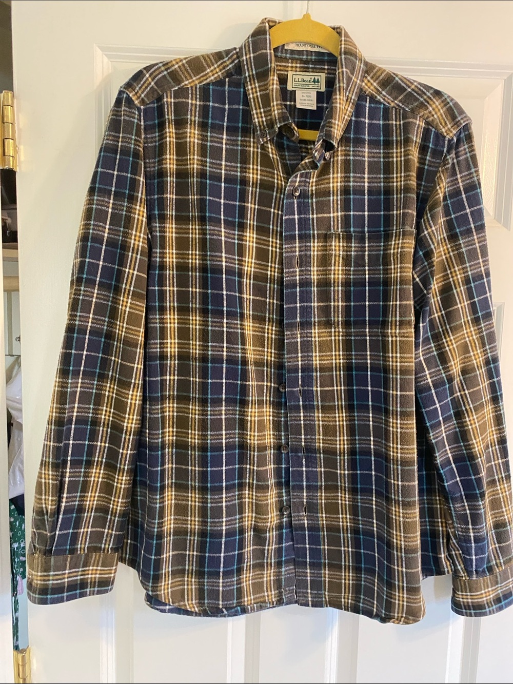 L.L. Bean Men's Navy, Brown and Cream Plaid Button-Down Shirt